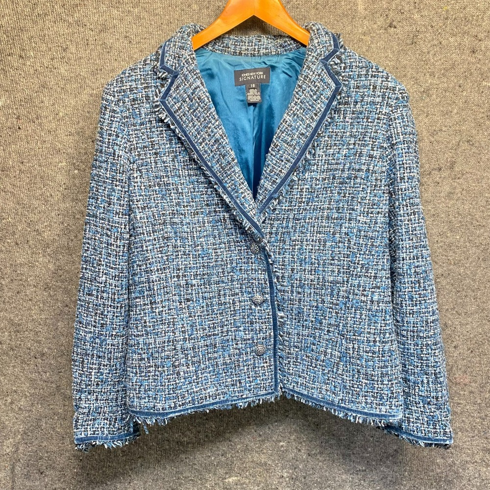 Jones New York Signature Womens Blazer 16 Blue Tweed Velvet Trim Jacket Plaid